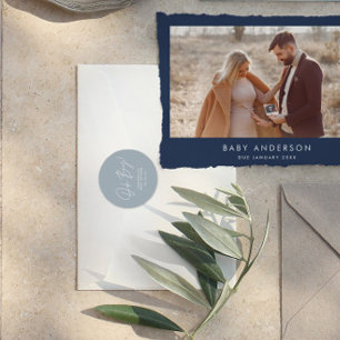 Sticker Rond oh garçon Baby shower script bleu élégant