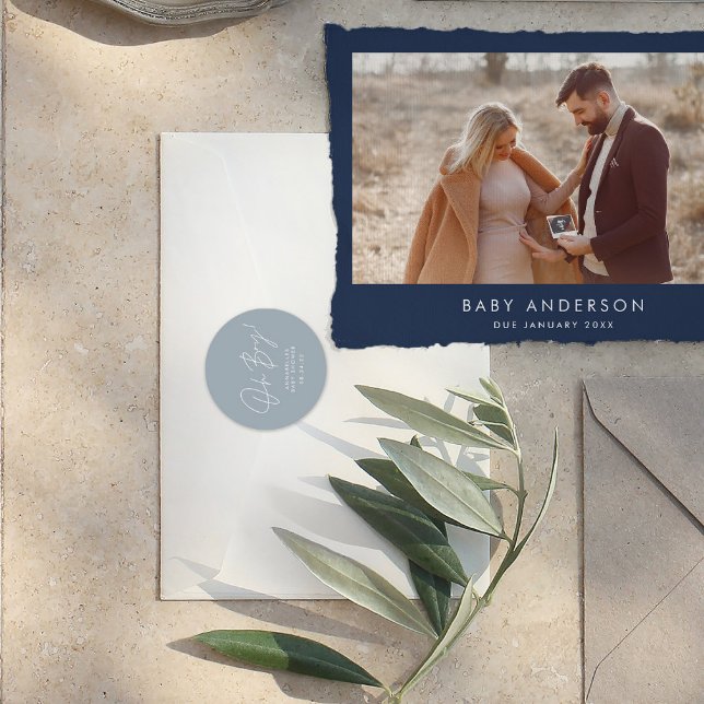 Sticker Rond oh garçon Baby shower script bleu élégant (Créateur téléchargé)