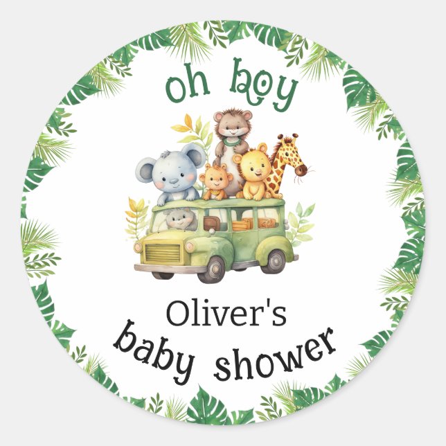 Sticker Rond oh garçon mignon jungle safari animaux baby shower (Devant)