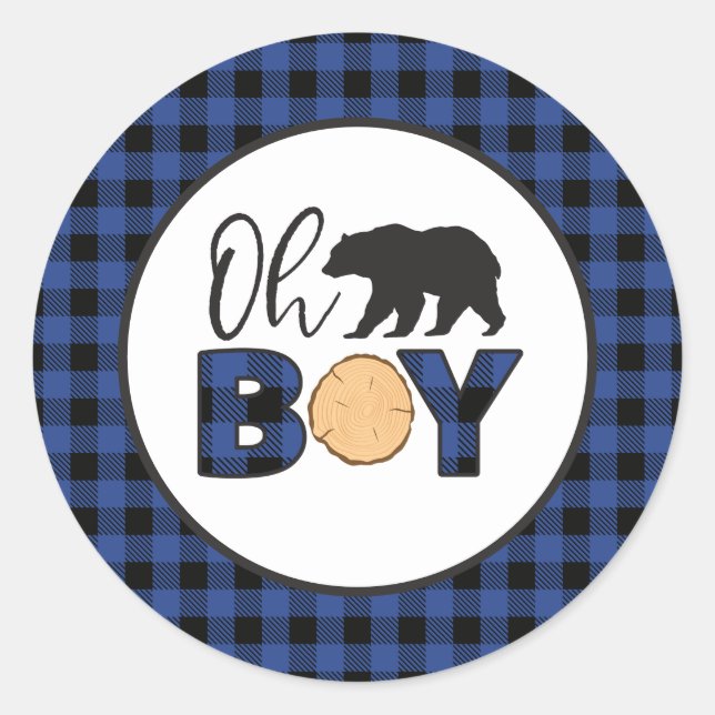 Sticker Rond Oh garçon ours bleu Buffalo Plaid Baby shower (Devant)