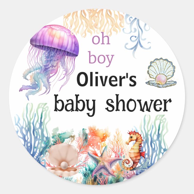 Sticker Rond oh garçon sous le baby shower de méduses de mer (Devant)