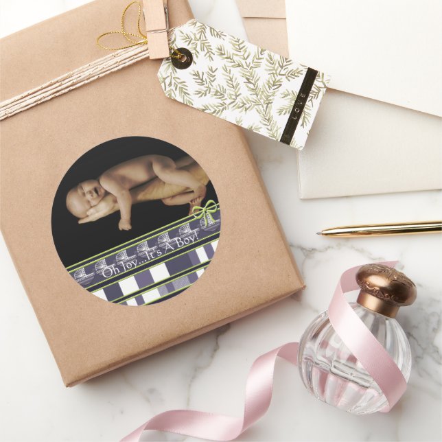 Sticker Rond OH Joy... C'est un garçon ! Photo bébé (Cadeaux)