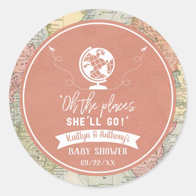 Sticker Rond "Oh les endroits où elle ira !" Baby shower Carte  (Devant)