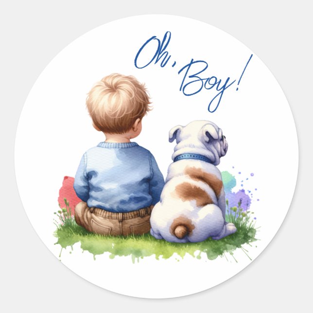 Sticker Rond Oh, mon garçon ! Baby shower Baby and Bulldog (Devant)