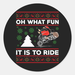 Sticker Rond Oh Quel Amusement C'Est De Circuler Père Noël Moto