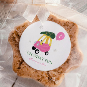 Sticker Rond Oh Quelle Amusement Voiture de Noël Rose Fête d'an