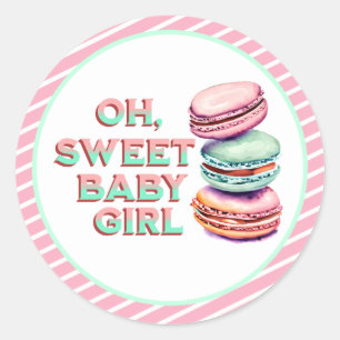 Sticker Rond Oh Sweet Baby Girl Macaron Baby shower à thème