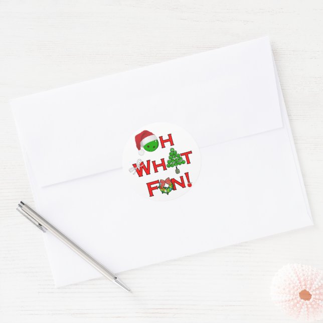 Sticker Rond Oh What Fun Christmas Pickleball Vert et Blanc (Enveloppe)