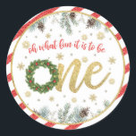 Sticker Rond Oh What Fun it to Be One - Christmas (WR)<br><div class="desc">Un article parfait pour compléter n'importe quelle fête d'anniversaire de Noël!</div>