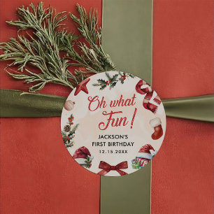 Sticker Rond Oh What Fun Noël Première fête d'anniversaire