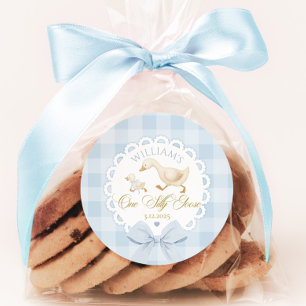 Sticker Rond Oie 1er Anniversaire Gingham Bleu Une Oie Idiote