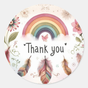 Sticker Rond Oiseau arc-en-ciel aquarelle et plumes Boho Merci