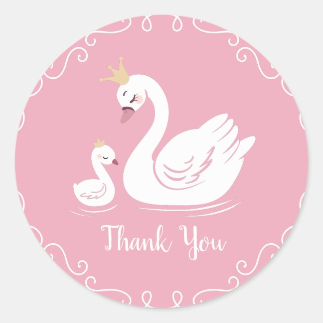 Sticker Rond Oiseau Baby shower cygne avec thème Couronne rose (Devant)