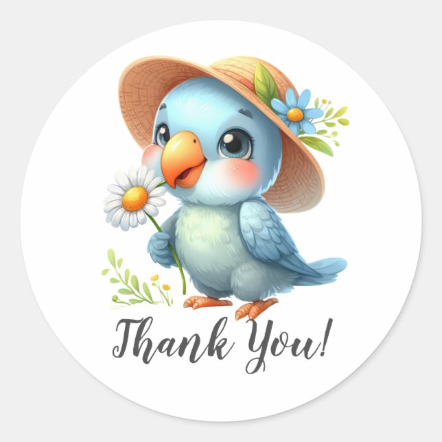 Sticker Rond Oiseau bleu avec Casquette et Merci à fleurs (Devant)