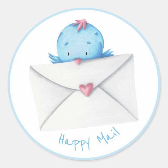 Sticker Rond Oiseau bleu avec lettre et coeur heureux courrier (Devant)