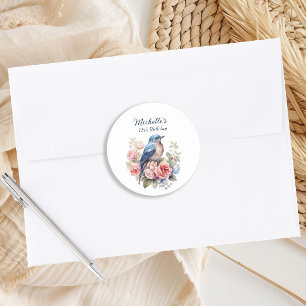 Sticker Rond Oiseau Bleu Fleurs Roses 75e Anniversaire