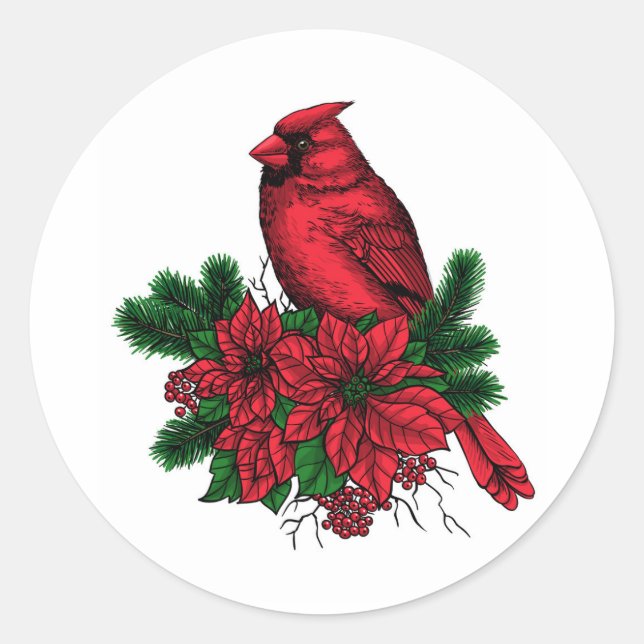 Sticker Rond Oiseau cardinal, illustration de Noël (Devant)