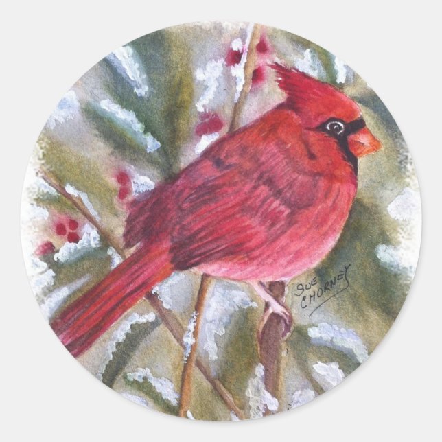 STICKER ROND OISEAU CARDINAL ROUGE (Devant)