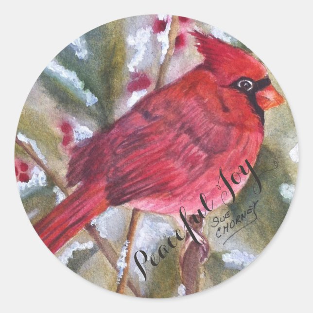 STICKER ROND OISEAU CARDINAL ROUGE JOIE PAISIBLE (Devant)