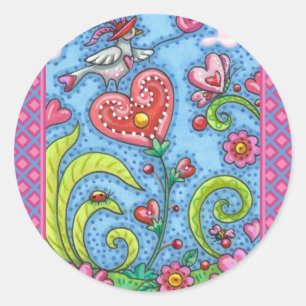 STICKER ROND OISEAU D'ART FOLK, VALENTINE HEARTS GARDEN