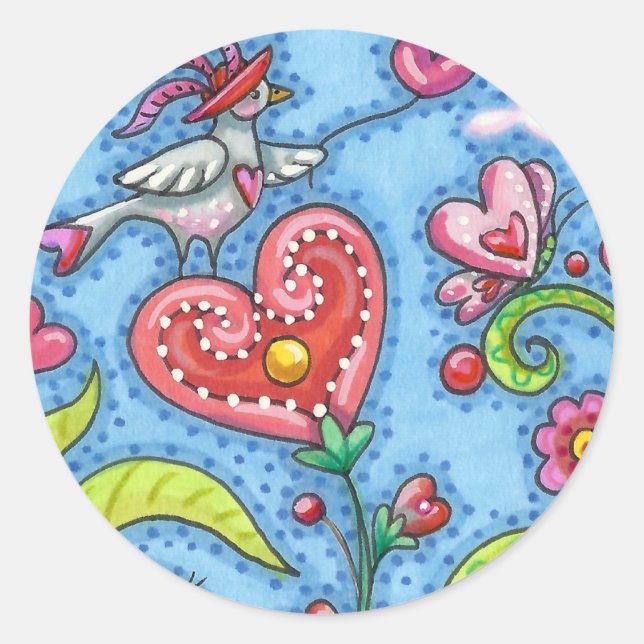 STICKER ROND OISEAU D'ART FOLK, VALENTINE HEARTS GARDEN (Devant)