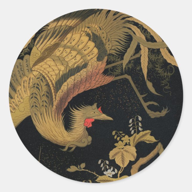 Sticker Rond Oiseau de coq d'or Classique japonais Antique (Devant)