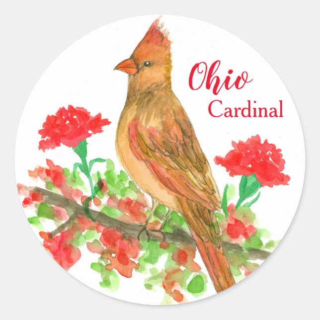 Sticker Rond Oiseau de l'Ohio Cardinal Fleur des oeillets rouge (Devant)