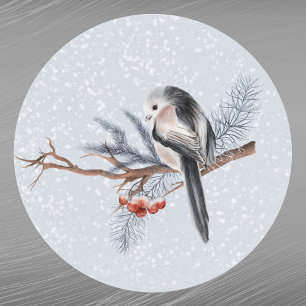 Sticker Rond Oiseau de Noël Baies rouges Pine Boughs Aquarelle