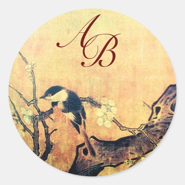 Sticker Rond OISEAU DE PRINTEMPS ET FLEURS MONOGRAMME JAUNE Bro (Devant)