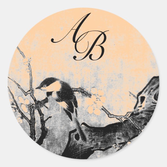 STICKER ROND OISEAU DE PRINTEMPS ET MONOGRAMME D'ARBRE DE FLEUR (Devant)