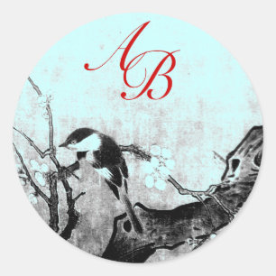 STICKER ROND OISEAU DE PRINTEMPS ET MONOGRAMME D'ARBRE DE FLEUR