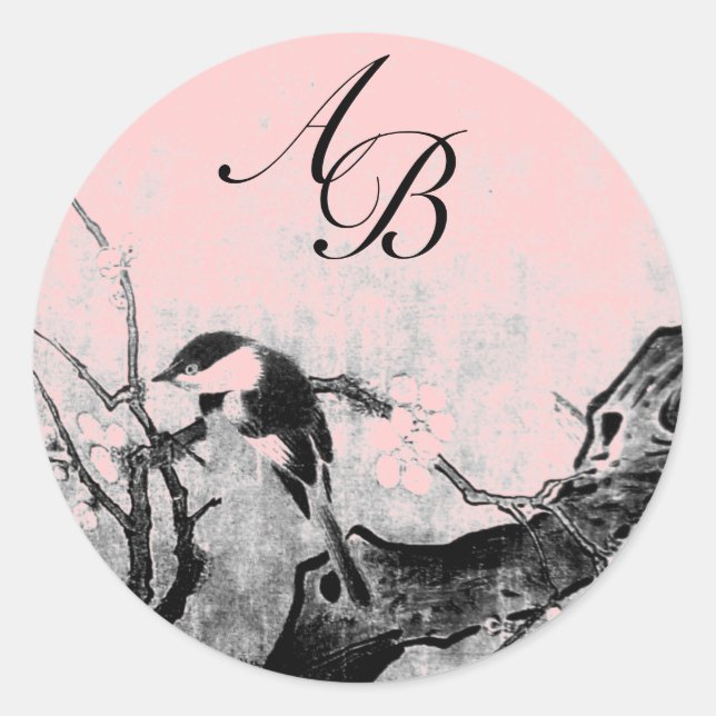 STICKER ROND OISEAU DE PRINTEMPS ET MONOGRAMME D'ARBRE FLEURIER (Devant)