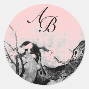 STICKER ROND OISEAU DE PRINTEMPS ET MONOGRAMME D'ARBRE FLEURIER