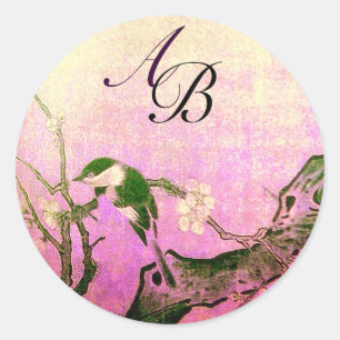 STICKER ROND OISEAU DE PRINTEMPS ET MONOGRAMME D'ARBRE FLEURIER
