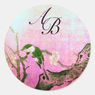 STICKER ROND OISEAU DE PRINTEMPS ET MONOGRAMME D'ARBRE FLEURIER