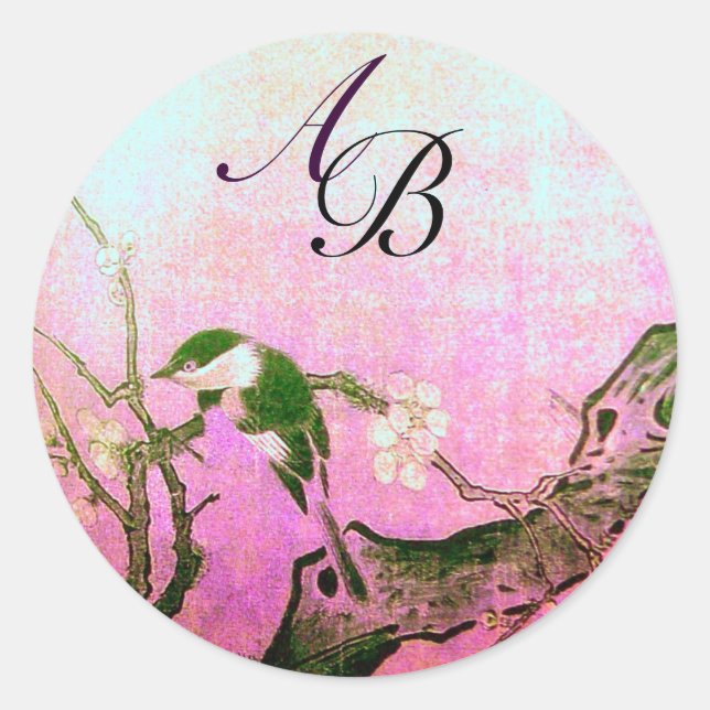STICKER ROND OISEAU DE PRINTEMPS ET MONOGRAMME D'ARBRE FLEURIER (Devant)