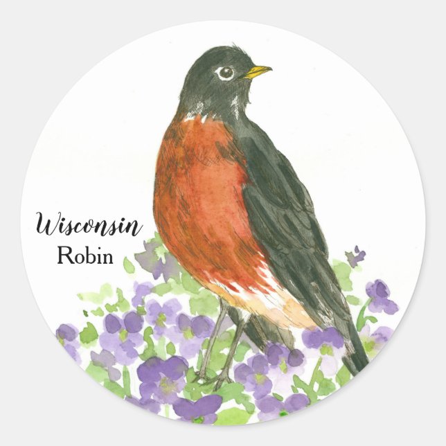 Sticker Rond Oiseau d'État du Wisconsin Robin Bois Violet (Devant)