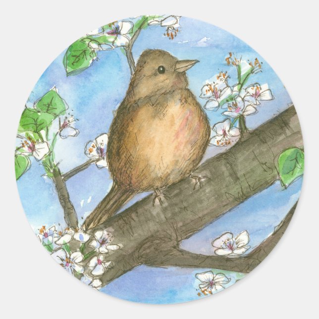 Sticker Rond Oiseau du Bruant Fruit Arbre Aquarelle Art de la f (Devant)