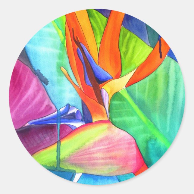 Sticker Rond Oiseau du Paradis Strelitzia fleur art tropical (Devant)