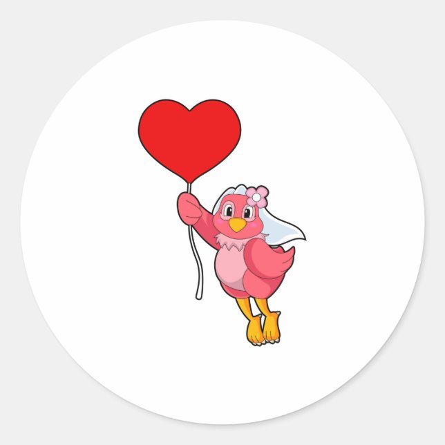Sticker Rond Oiseau en mariée avec Voile et Balloon Coeur (Devant)