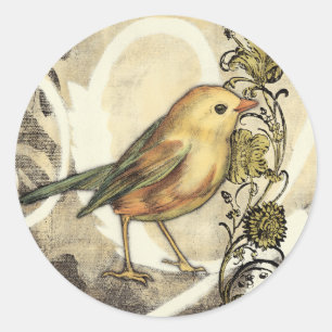 Sticker Rond Oiseau jaune et vert sur Arrière - plan Vintage