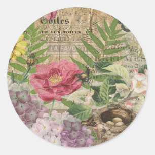 Sticker Rond Oiseau Nid Floral Jardin Fleur Papillon Art