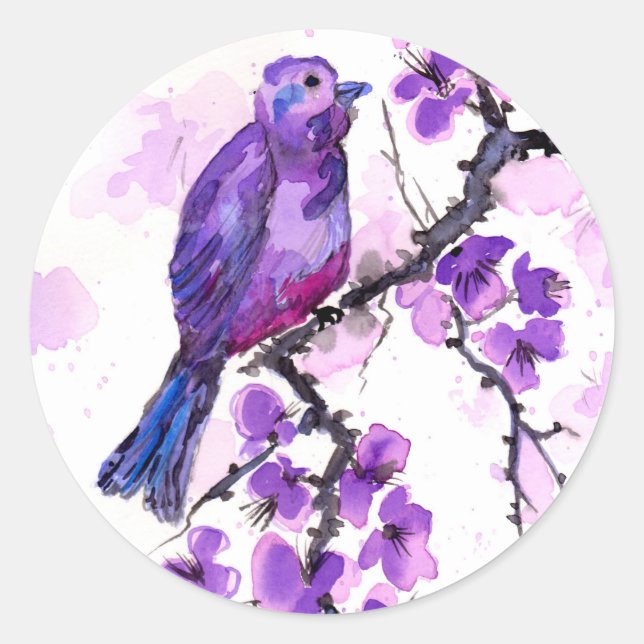 Sticker Rond Oiseau pourpre et fleurs (Devant)