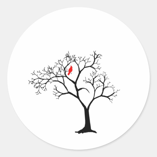 Sticker Rond Oiseau rouge cardinal dans un arbre d'hiver neigeu (Devant)