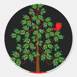 Sticker rond Oiseau rouge sapin de Noël