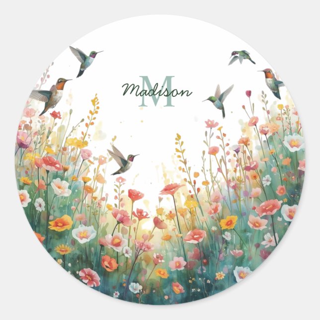 Sticker Rond Oiseaux aquarelle de printemps Monogramme floral F (Devant)