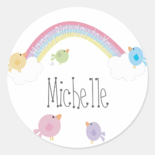 Sticker Rond Oiseaux d'anniversaire Nom personnalisé Cupcake T