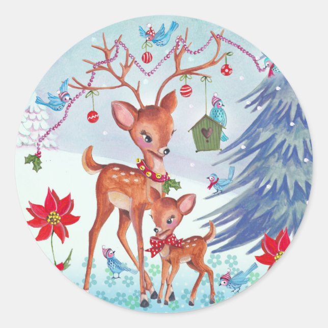 Sticker Rond Oiseaux de Noël des cerfs | Carte de voeux de vaca (Devant)