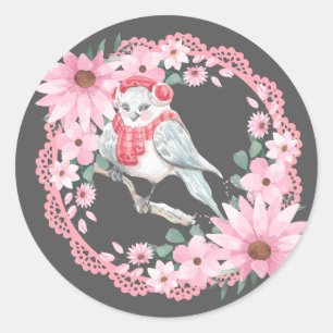 Sticker Rond Oiseaux de Noël en dentelle vintage