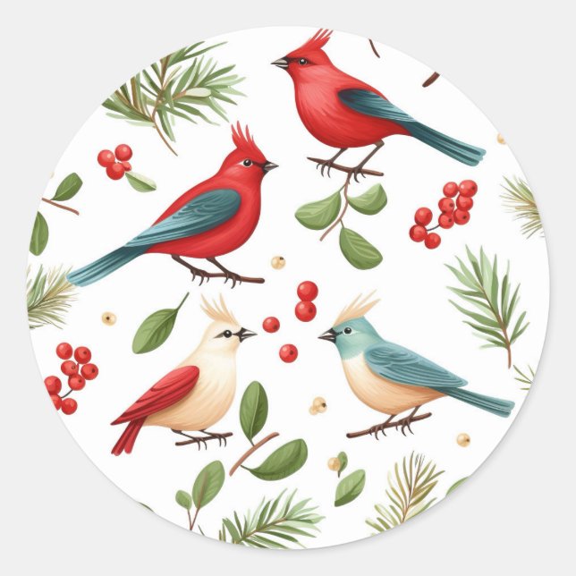 Sticker Rond Oiseaux de Noël et baies (Devant)